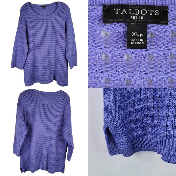 Talbots Sweater Size XLP Blue Purple Open Knit Pullover 3/4 Sleeve Cotton Lyocel - Picture 1 of 10